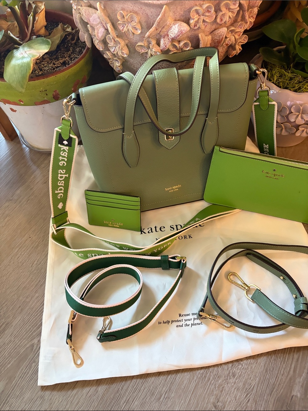 kate spade Sage Green Leather Satchel with Matching Wallet & Cardholder